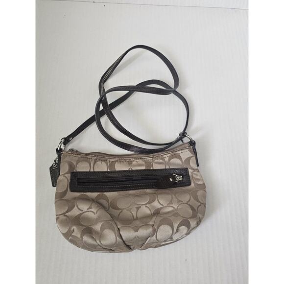Coach Mini Crossbody Bag Womens Beige Signature Sateen with Front Pocket Zip Top - Picture 1 of 8